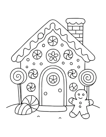 Gingerbread house decorated with round candies, a lollipop path and a little gingerbread man