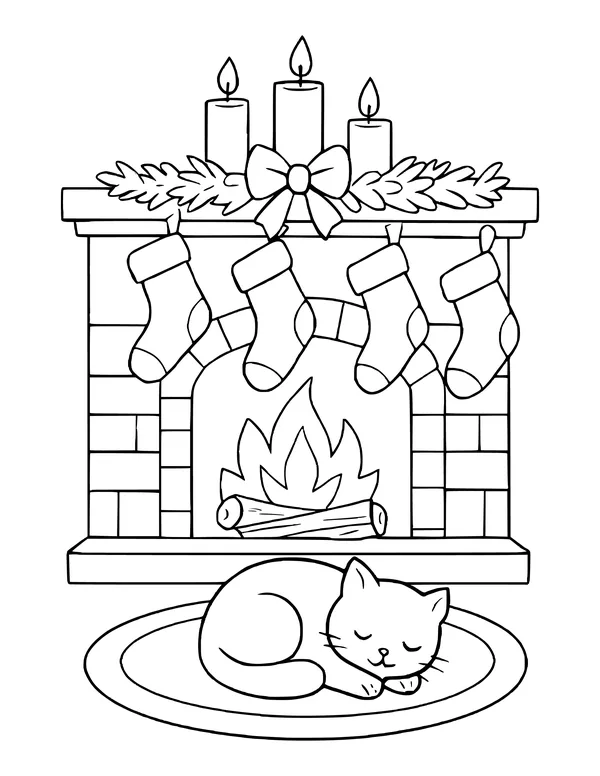 Brick fireplace with four stockings, candles, a garland and a cat asleep on the rug