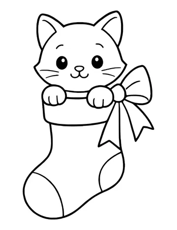 Kitten sitting inside a stocking decorated with a large bow