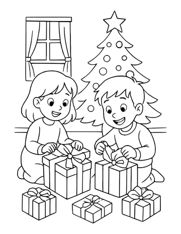 Two kids unwrapping gifts by a window and a Christmas tree