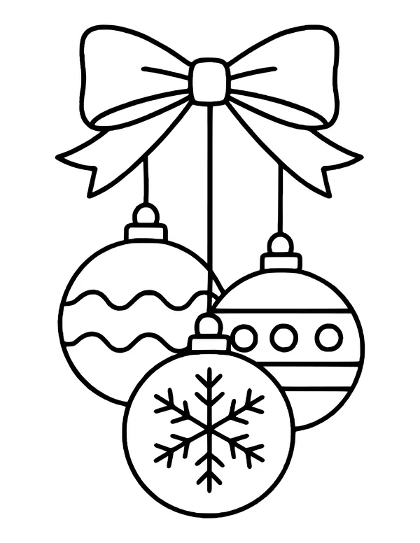 Three Christmas ornaments, one with a snowflake, hanging from a big bow