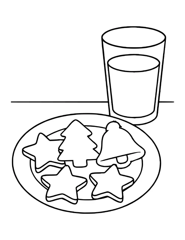 Plate of star, tree and bell shaped Christmas cookies next to a glass of milk