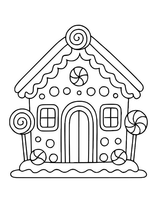 Gingerbread house with candy, lollipops, icing on the roof and an arched door