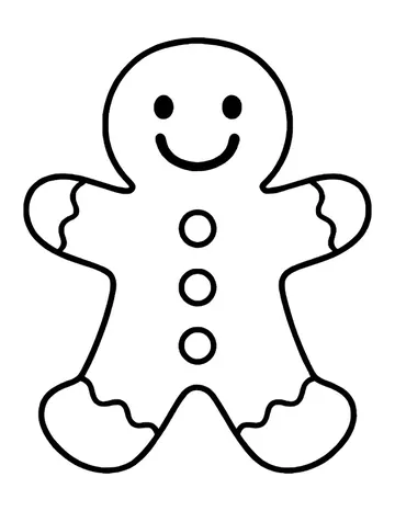 Smiling gingerbread man with three buttons and icing on his arms and legs