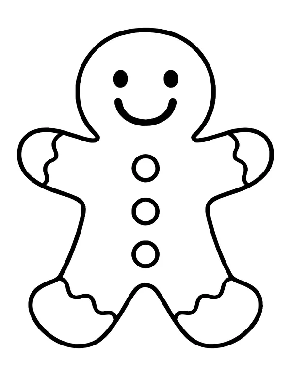 Smiling gingerbread man with three buttons and icing on his arms and legs