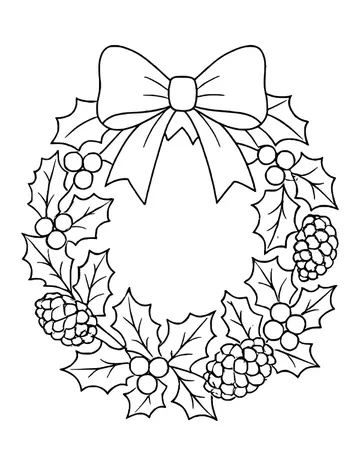 Round wreath of holly leaves, berries and pine cones with a ribbon bow