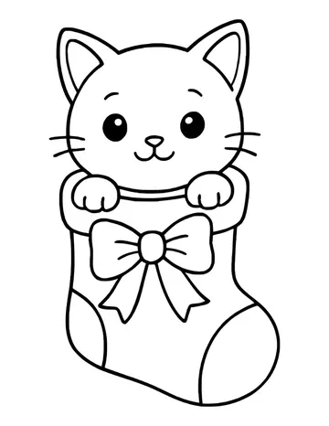 Cute kitten peeking out of a Christmas stocking with a bow