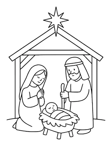 Nativity scene in a stable with Mary, Joseph and baby Jesus in a manger, a star above