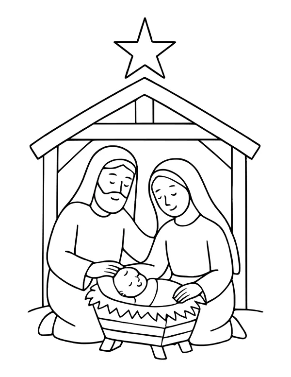 Mary and Joseph kneeling by the manger in a stable under a bright star
