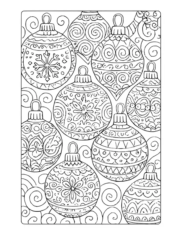 Page of overlapping Christmas baubles with detailed decorative patterns inside a border