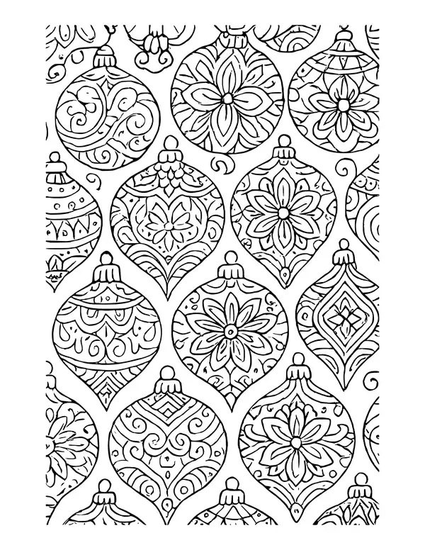Full page of Christmas ornaments filled with intricate swirls and patterns