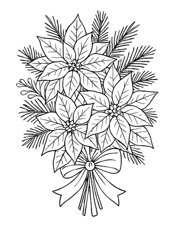 Detailed bouquet of poinsettia flowers with pine branches tied with a ribbon