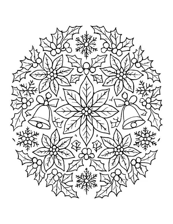 Christmas mandala made of poinsettia flowers and snowflakes