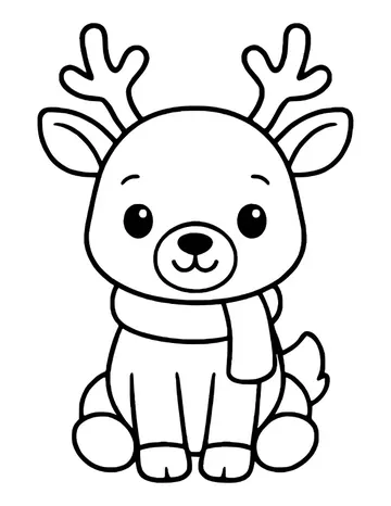 Smiling baby reindeer with big antlers wearing a striped scarf