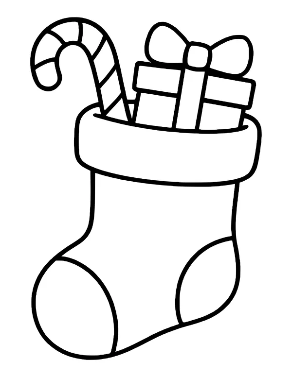 Christmas stocking with a fluffy cuff, a candy cane and a wrapped gift inside
