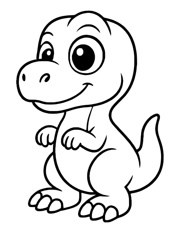 Cute baby T. rex with big round eyes and a wide smile, standing