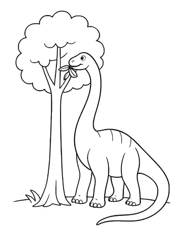 Long-necked brachiosaurus reaching up to eat leaves from a tall tree