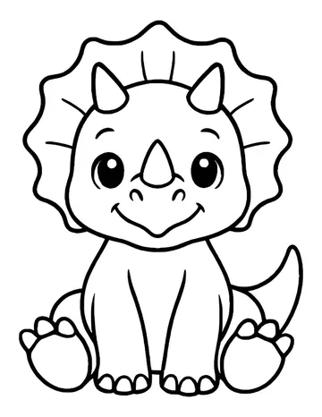 A baby triceratops sitting with its big feet forward, a wavy frill, two small horns and a wide smile.