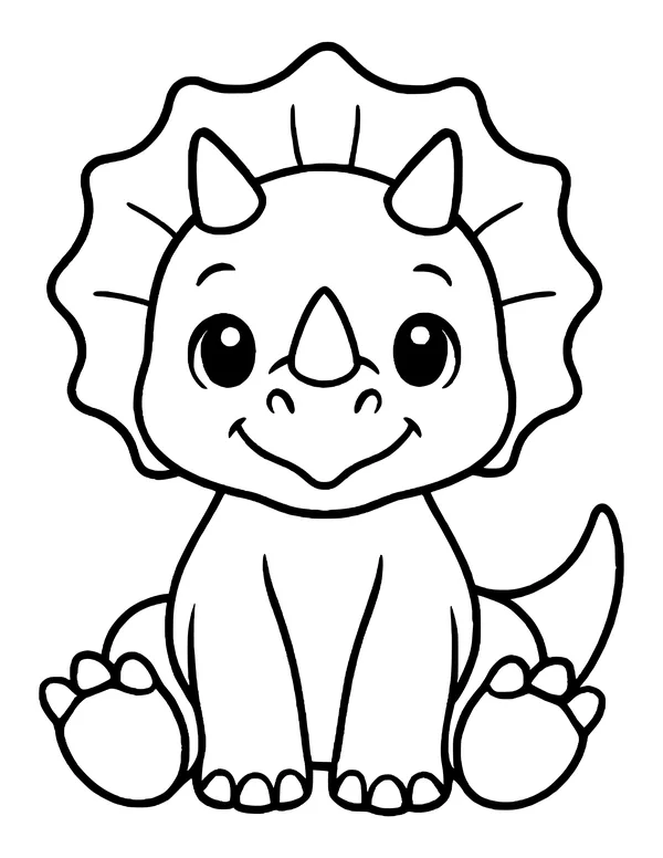 A baby triceratops sitting with its big feet forward, a wavy frill, two small horns and a wide smile.