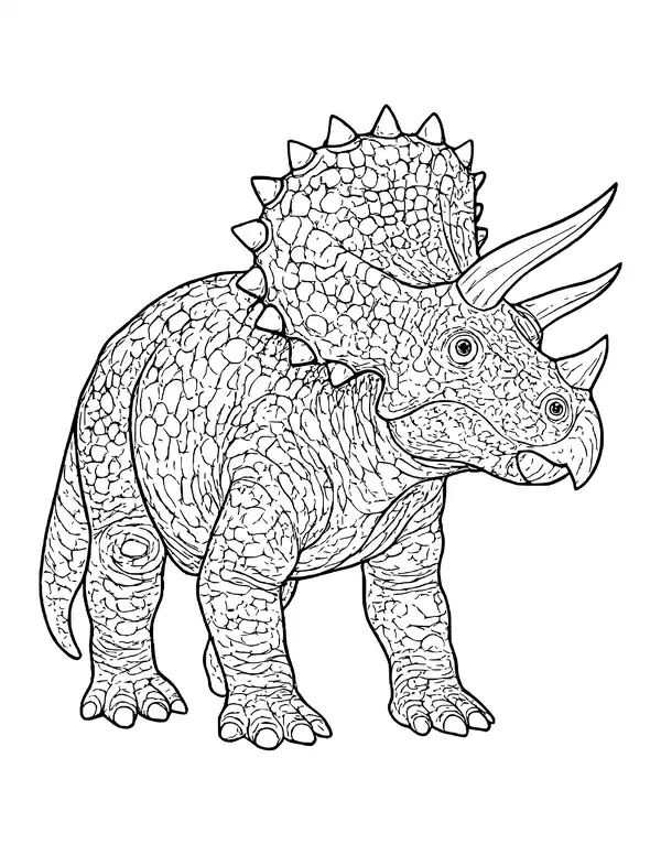 A side-angled realistic triceratops with a big bony frill, curved horns and heavy textured skin on its legs and body.