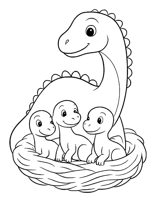 A smiling long-neck dinosaur standing behind a woven nest where three cheerful baby dinosaurs sit together.