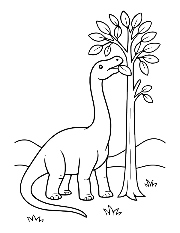 Long-necked dinosaur nibbling a leafy branch beside a tree