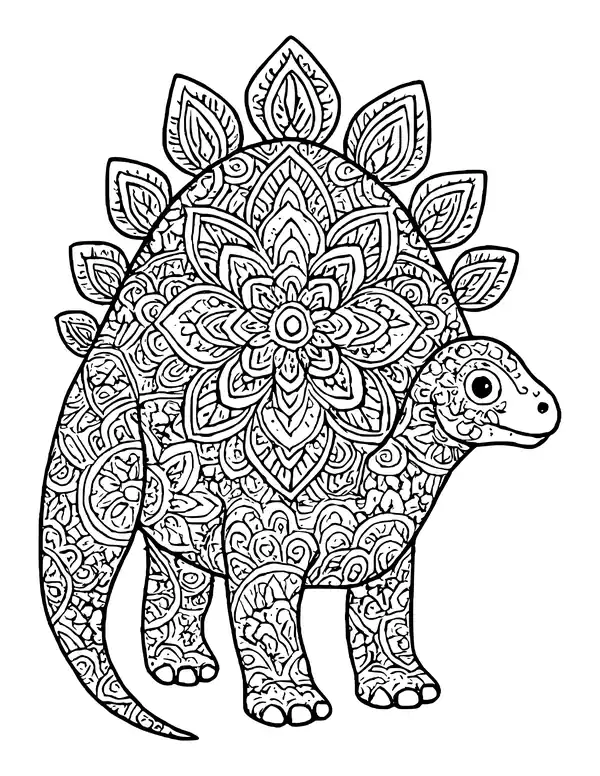 A stegosaurus with leaf-shaped back plates and a body covered in a large flower mandala and lace-like patterns.