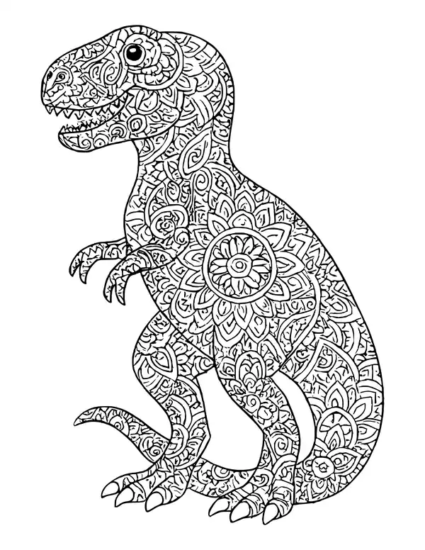 A standing T-rex filled with mandala flowers, swirls and leaf patterns from its toothy head to its tail.