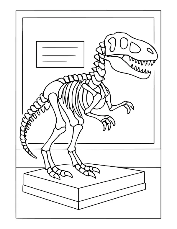 A dinosaur skeleton with a big skull and sharp teeth on a display stand, with a blank information sign on the wall.