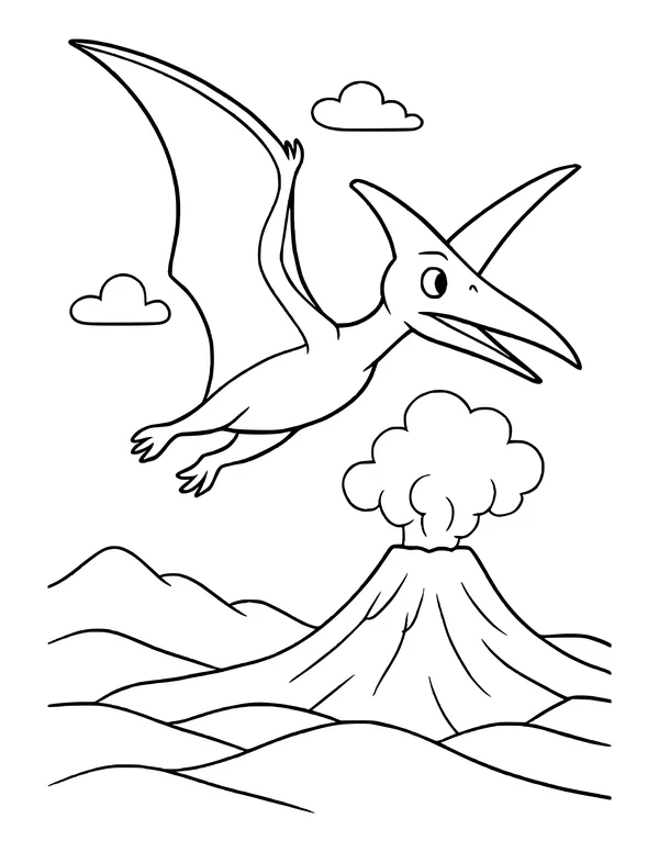A happy pterodactyl gliding toward the viewer with its beak open, over rolling hills and an erupting volcano.