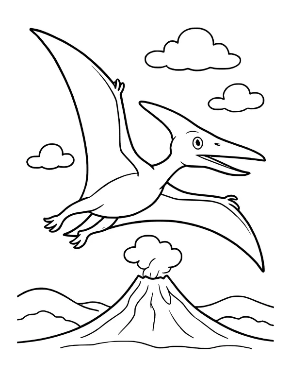 A pterodactyl with wide wings and a crested head flying above a smoking volcano, hills and puffy clouds.