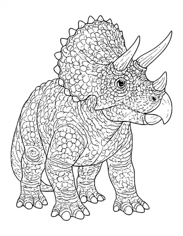 A realistic triceratops shown from the front, with a spiked frill, three long horns, a beak and pebbled skin.