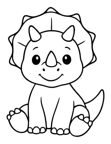 A happy baby triceratops sitting on the ground, with a spiky-edged frill, three horns and tiny toes.