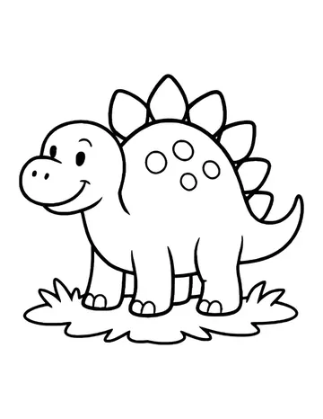Chubby smiling stegosaurus with back plates and round spots, standing on a patch of grass