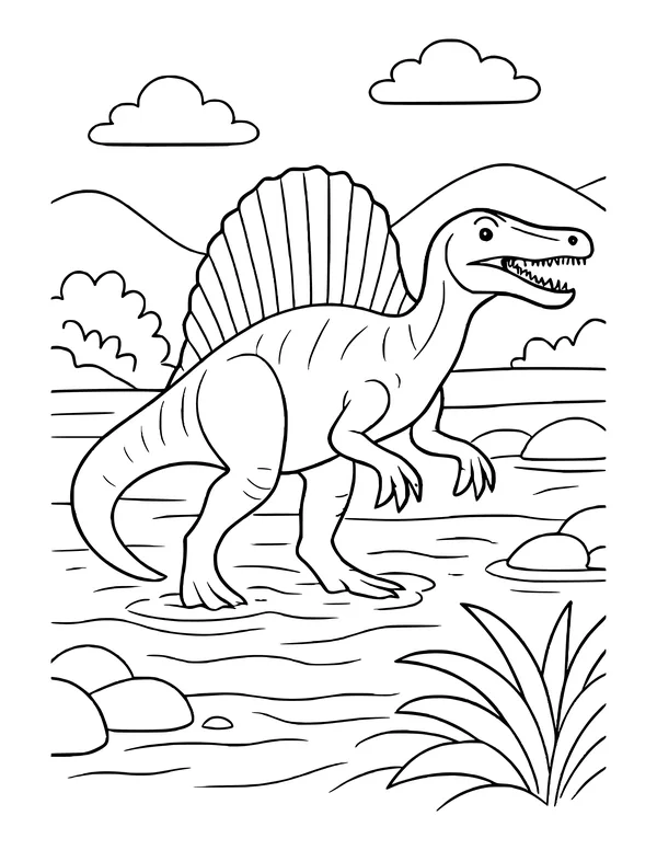 A spinosaurus with a tall striped sail on its back walking through a shallow river with rocks, bushes and hills.