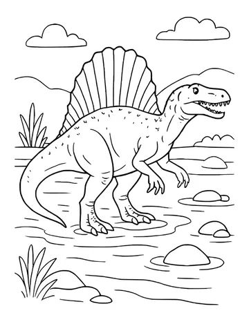A toothy spinosaurus with a big fan-shaped sail and textured skin stepping across a rocky river with reeds nearby.