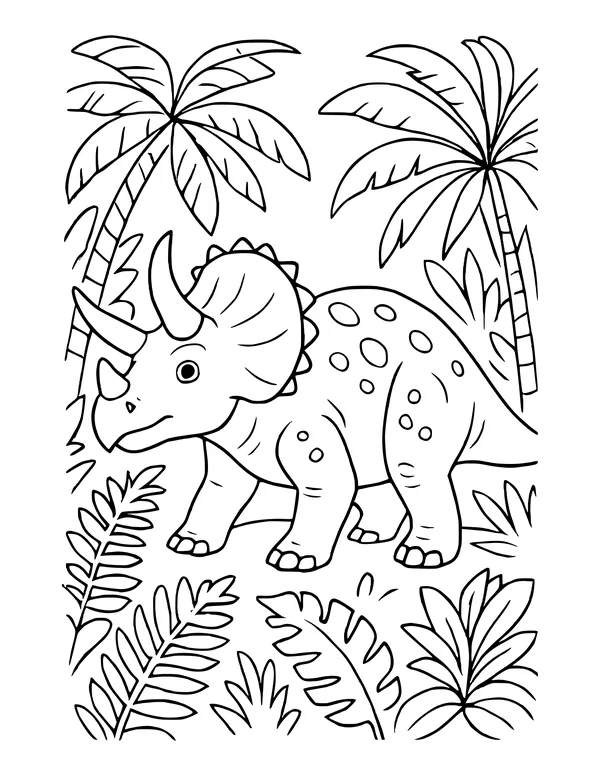 Spotted triceratops among palm trees and large jungle leaves