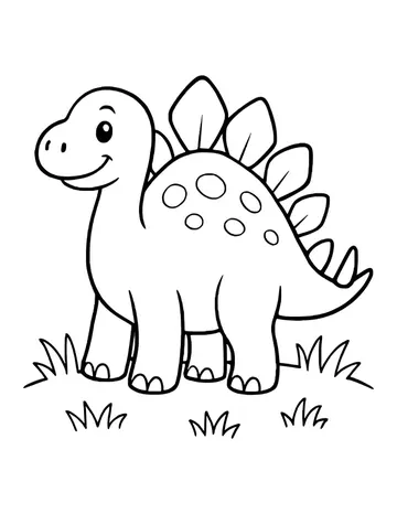 Stegosaurus with a long neck, spotted body and leaf-shaped back plates, with grass tufts around its feet