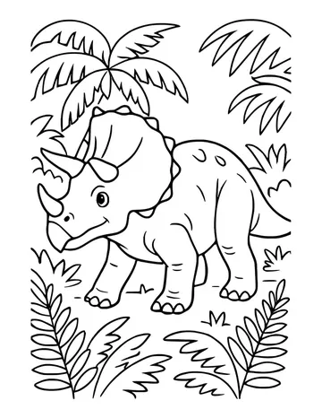Triceratops walking through a jungle full of ferns and palm leaves