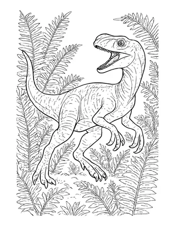 A realistic velociraptor with an open toothy mouth and curled claws, mid-stride among large fern fronds.