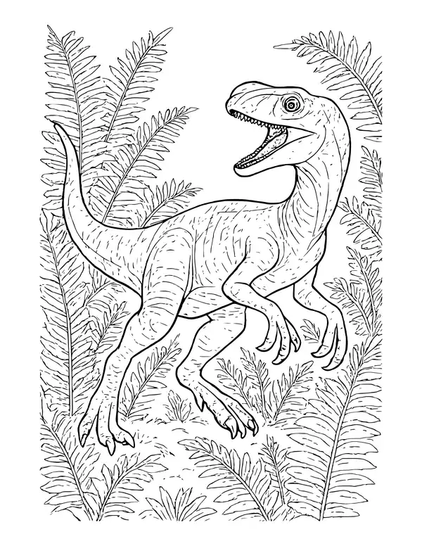 A realistic velociraptor with an open toothy mouth and curled claws, mid-stride among large fern fronds.