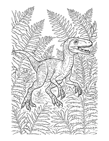 A realistic velociraptor running through a thick forest of tall ferns, its long tail stretched out behind it.