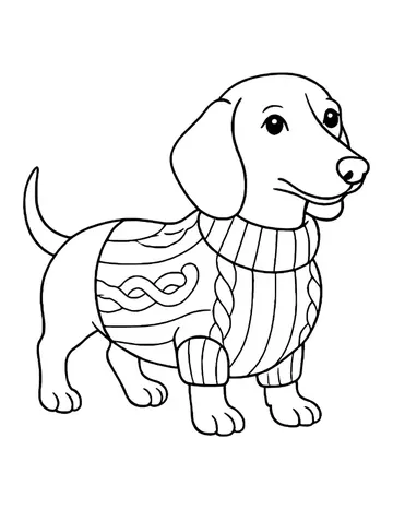 Standing dachshund seen from the side, wearing a cable-knit turtleneck sweater