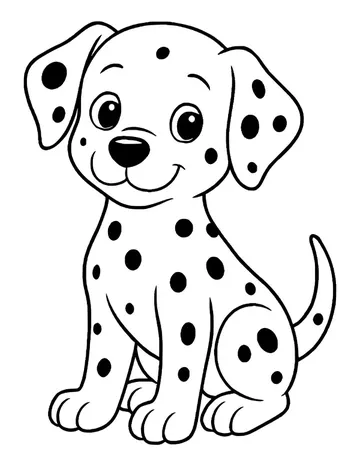 Dalmatian puppy sitting and smiling, covered in large and small black spots