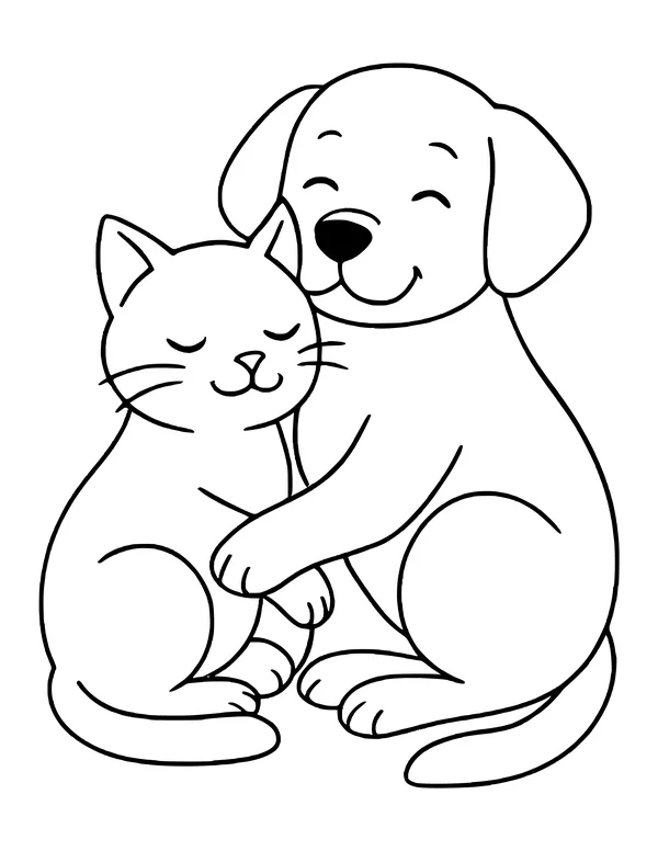 Smiling dog with floppy ears wrapping a paw around a sleepy cat, both with eyes closed