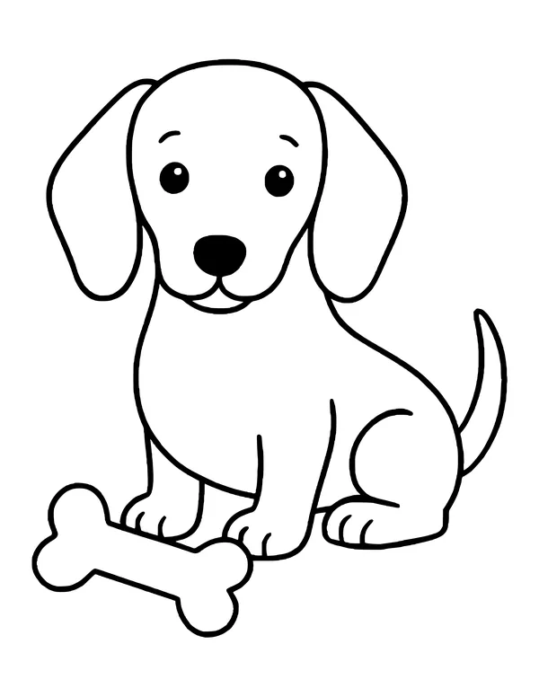 Floppy-eared puppy sitting beside a big bone