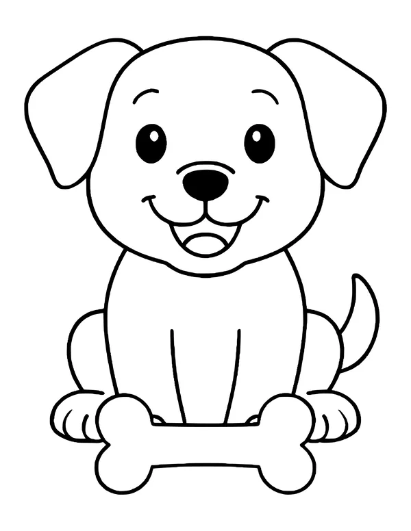 Smiling puppy with floppy ears sitting behind a large bone, mouth open