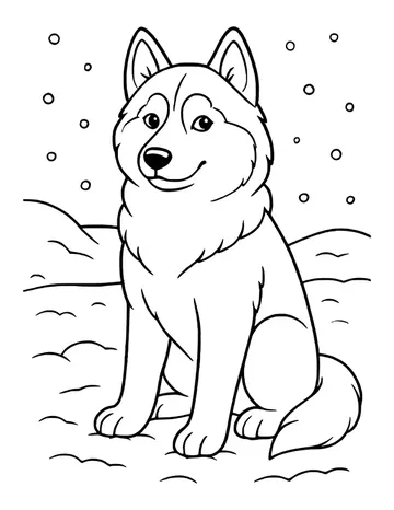 Furry husky sitting with its head turned, rolling snowdrifts and falling snow behind it