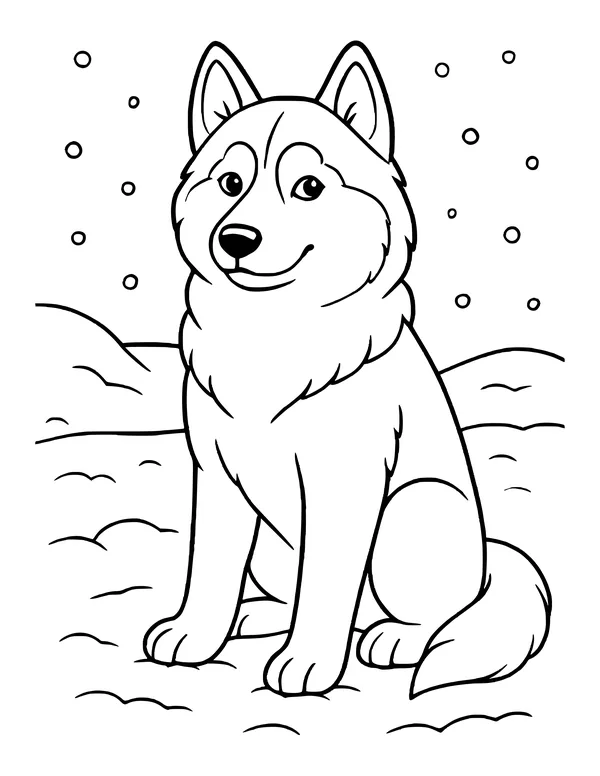 Furry husky sitting with its head turned, rolling snowdrifts and falling snow behind it