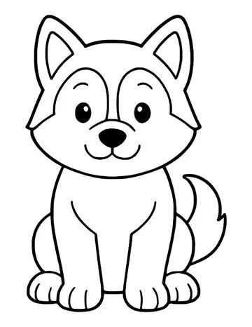 Smiling husky puppy sitting upright, with mask lines around its eyes and a bushy curled tail